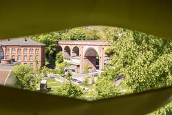 Blick aus dem BOB Campus auf die umliegenden Gebäude und Nordbahntrasse